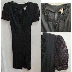 Vintage 80s 90s ANNA U.S.A Women's Short Sleeve Pencil Dress Black Lace Sz Small